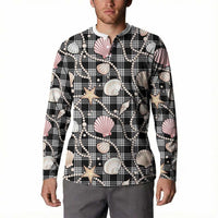 Hawaiian Ocean Seashells Button Sweatshirt Black Palaka Pattern