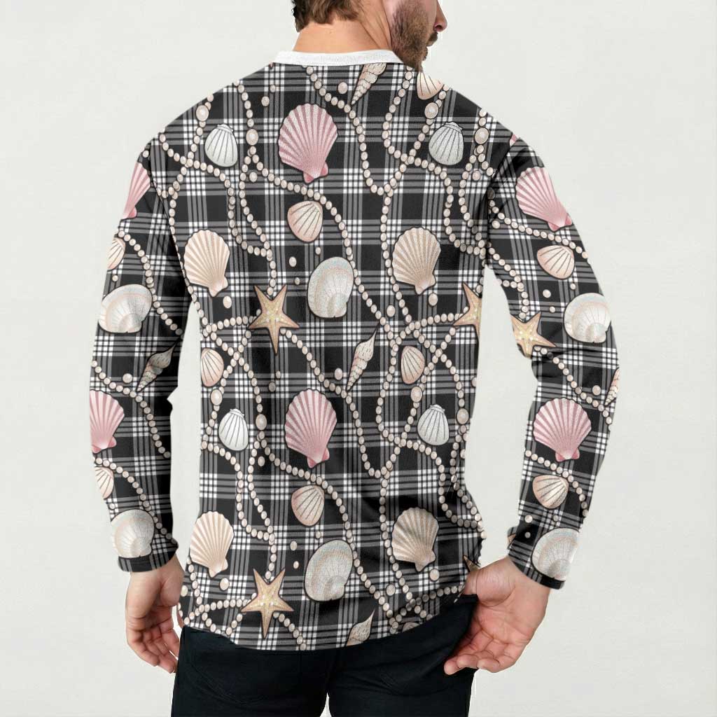 Hawaiian Ocean Seashells Button Sweatshirt Black Palaka Pattern