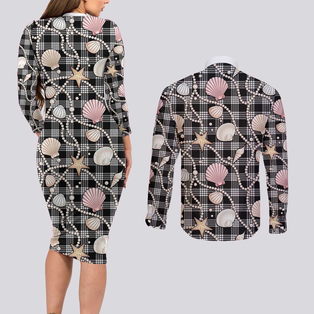 Hawaiian Ocean Seashells Couples Matching Long Sleeve Bodycon Dress and Long Sleeve Button Shirt Black Palaka Pattern LT01 - Polynesian Pride