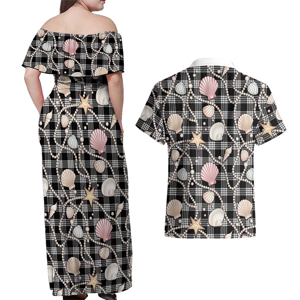 Hawaiian Ocean Seashells Couples Matching Off Shoulder Maxi Dress and Hawaiian Shirt Black Palaka Pattern LT01 - Polynesian Pride