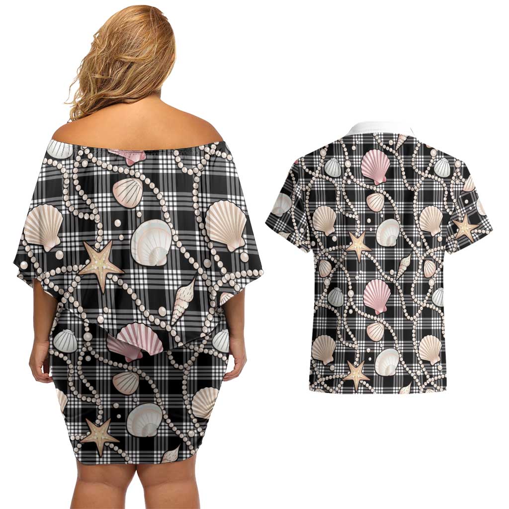 Hawaiian Ocean Seashells Couples Matching Off Shoulder Short Dress and Hawaiian Shirt Black Palaka Pattern