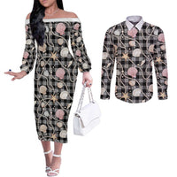 Hawaiian Ocean Seashells Couples Matching Off The Shoulder Long Sleeve Dress and Long Sleeve Button Shirt Black Palaka Pattern LT01 Black - Polynesian Pride