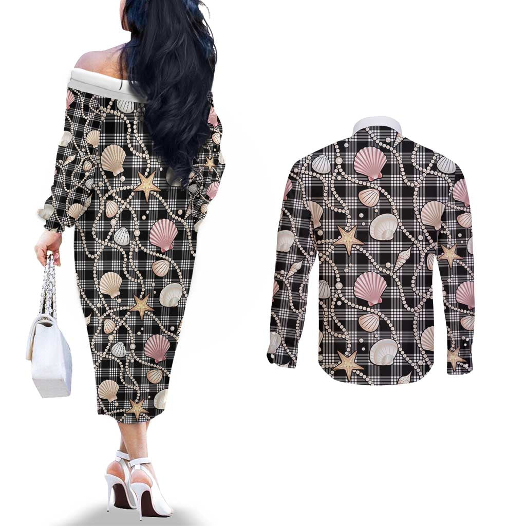 Hawaiian Ocean Seashells Couples Matching Off The Shoulder Long Sleeve Dress and Long Sleeve Button Shirt Black Palaka Pattern LT01 - Polynesian Pride