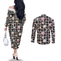 Hawaiian Ocean Seashells Couples Matching Off The Shoulder Long Sleeve Dress and Long Sleeve Button Shirt Black Palaka Pattern LT01 - Polynesian Pride