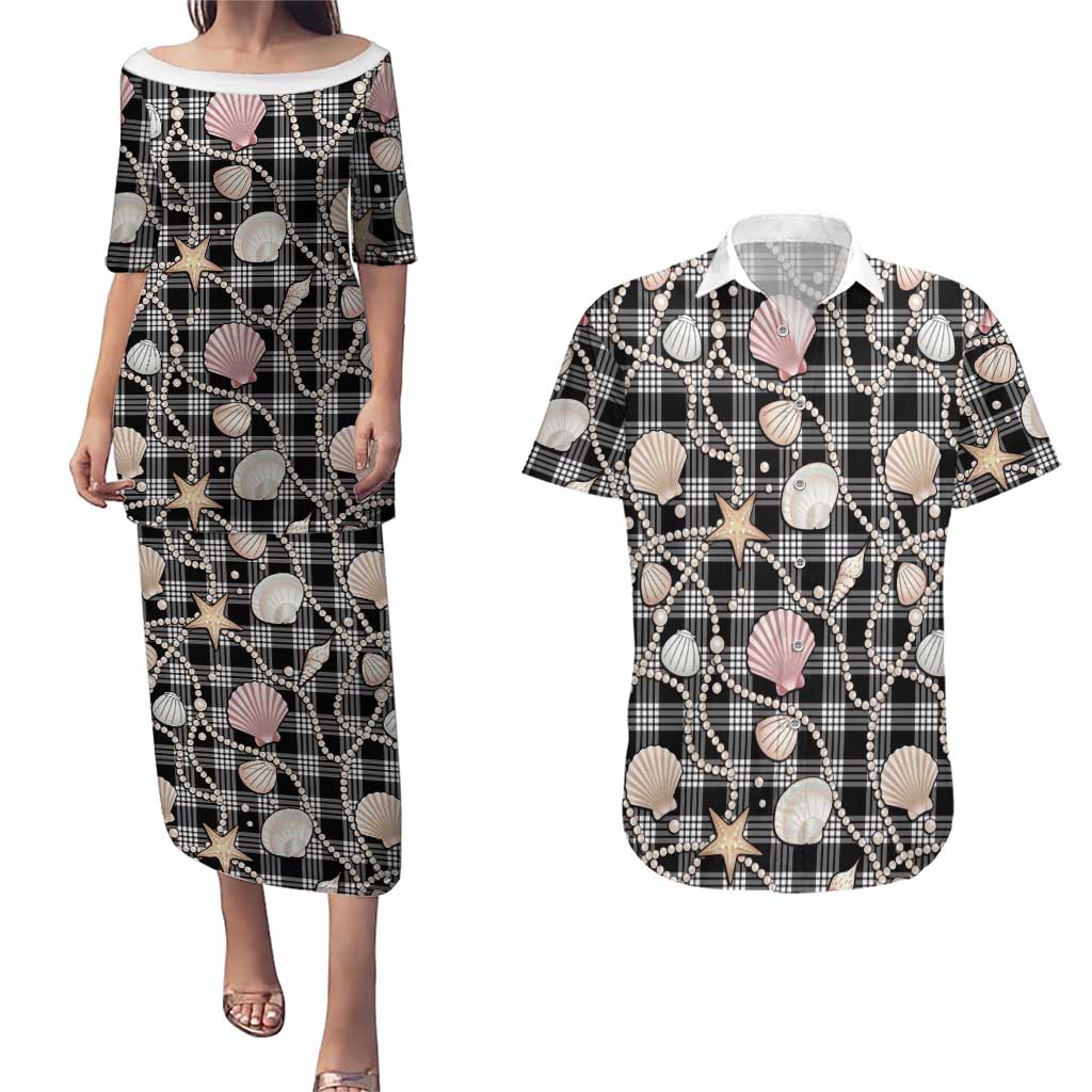 Hawaiian Ocean Seashells Couples Matching Puletasi and Hawaiian Shirt Black Palaka Pattern
