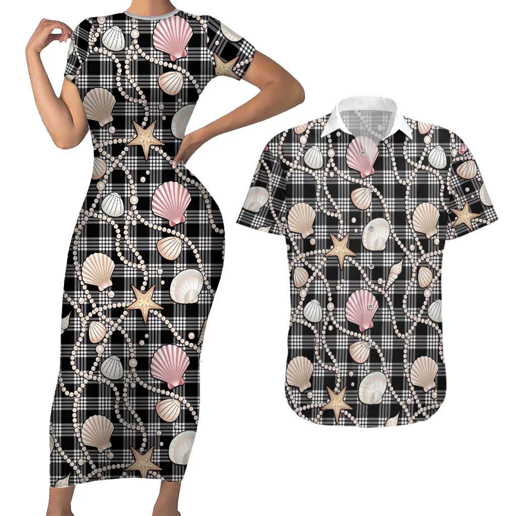 Hawaiian Ocean Seashells Couples Matching Short Sleeve Bodycon Dress and Hawaiian Shirt Black Palaka Pattern