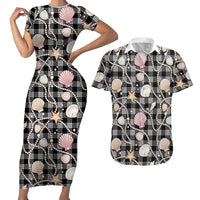 Hawaiian Ocean Seashells Couples Matching Short Sleeve Bodycon Dress and Hawaiian Shirt Black Palaka Pattern