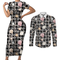 Hawaiian Ocean Seashells Couples Matching Short Sleeve Bodycon Dress and Long Sleeve Button Shirt Black Palaka Pattern LT01 Black - Polynesian Pride
