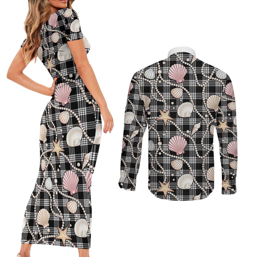 Hawaiian Ocean Seashells Couples Matching Short Sleeve Bodycon Dress and Long Sleeve Button Shirt Black Palaka Pattern LT01 - Polynesian Pride