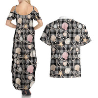 Hawaiian Ocean Seashells Couples Matching Summer Maxi Dress and Hawaiian Shirt Black Palaka Pattern LT01 - Polynesian Pride
