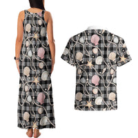 Hawaiian Ocean Seashells Couples Matching Tank Maxi Dress and Hawaiian Shirt Black Palaka Pattern