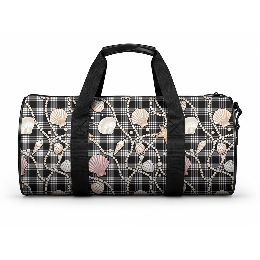 Hawaiian Ocean Seashells Duffle Bag Black Palaka Pattern