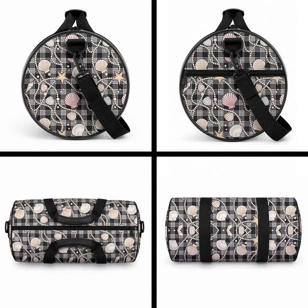 Hawaiian Ocean Seashells Duffle Bag Black Palaka Pattern