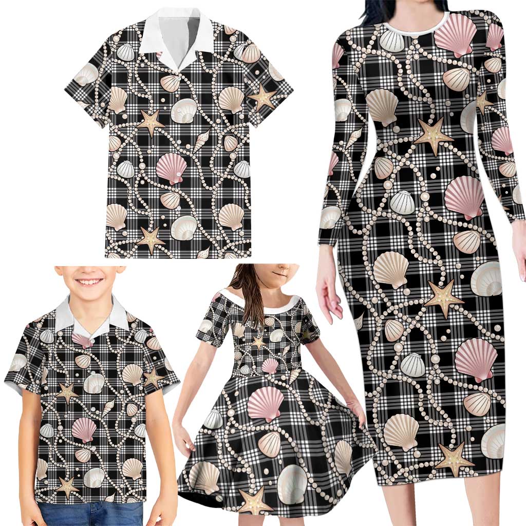 Hawaiian Ocean Seashells Family Matching Long Sleeve Bodycon Dress and Hawaiian Shirt Black Palaka Pattern LT01 - Polynesian Pride