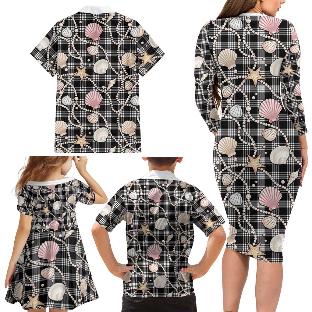 Hawaiian Ocean Seashells Family Matching Long Sleeve Bodycon Dress and Hawaiian Shirt Black Palaka Pattern LT01 - Polynesian Pride