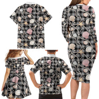 Hawaiian Ocean Seashells Family Matching Long Sleeve Bodycon Dress and Hawaiian Shirt Black Palaka Pattern LT01 - Polynesian Pride