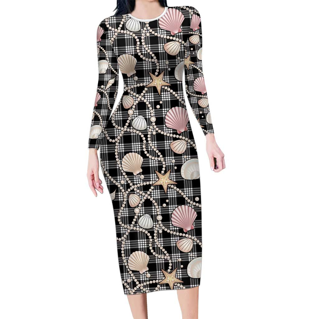 Hawaiian Ocean Seashells Family Matching Long Sleeve Bodycon Dress and Hawaiian Shirt Black Palaka Pattern LT01 Mom's Dress Black - Polynesian Pride
