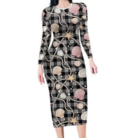 Hawaiian Ocean Seashells Family Matching Long Sleeve Bodycon Dress and Hawaiian Shirt Black Palaka Pattern LT01 Mom's Dress Black - Polynesian Pride