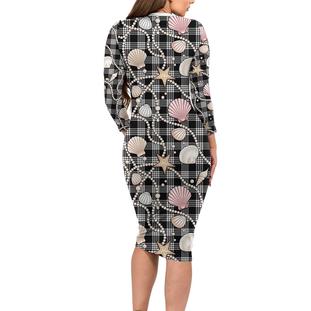 Hawaiian Ocean Seashells Family Matching Long Sleeve Bodycon Dress and Hawaiian Shirt Black Palaka Pattern LT01 - Polynesian Pride