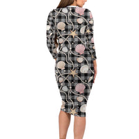 Hawaiian Ocean Seashells Family Matching Long Sleeve Bodycon Dress and Hawaiian Shirt Black Palaka Pattern LT01 - Polynesian Pride