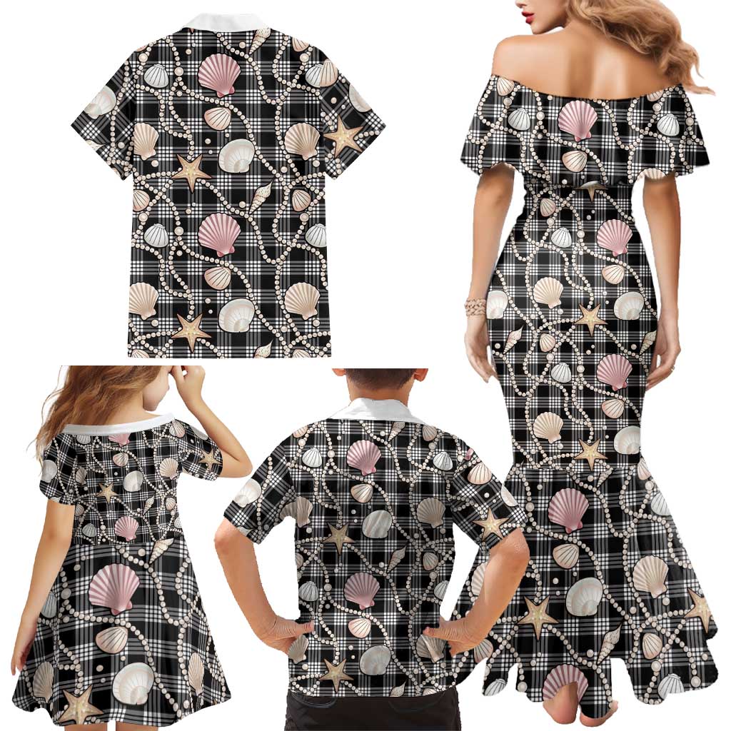 Hawaiian Ocean Seashells Family Matching Mermaid Dress and Hawaiian Shirt Black Palaka Pattern LT01 - Polynesian Pride
