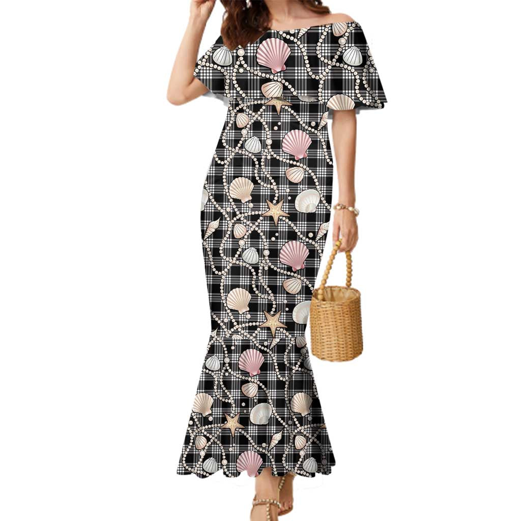 Hawaiian Ocean Seashells Family Matching Mermaid Dress and Hawaiian Shirt Black Palaka Pattern LT01 Mom's Dress Black - Polynesian Pride