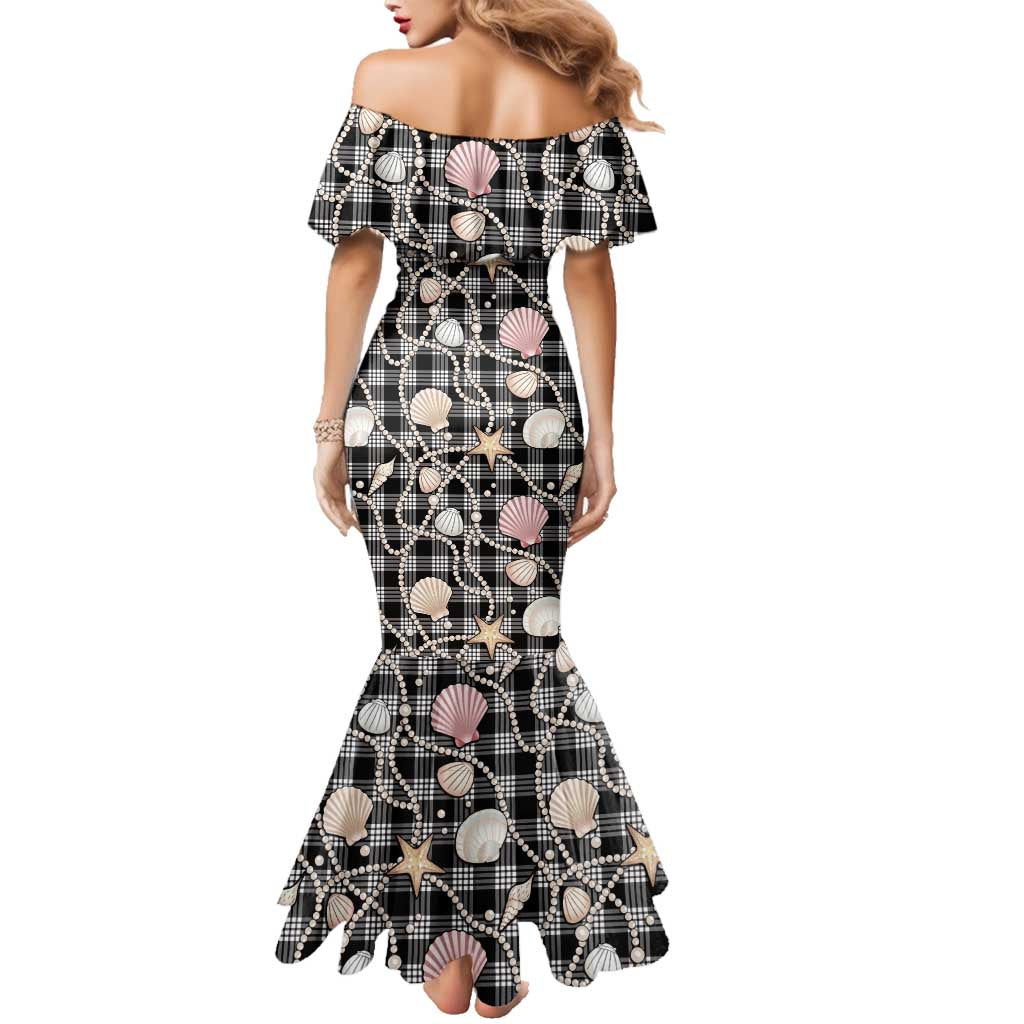 Hawaiian Ocean Seashells Family Matching Mermaid Dress and Hawaiian Shirt Black Palaka Pattern LT01 - Polynesian Pride