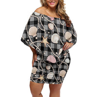 Hawaiian Ocean Seashells Family Matching Off Shoulder Short Dress and Hawaiian Shirt Black Palaka Pattern LT01 Mom's Dress Black - Polynesian Pride
