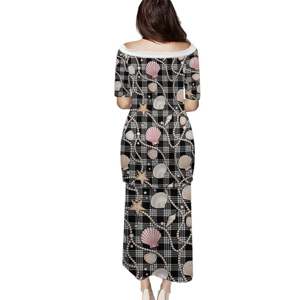 Hawaiian Ocean Seashells Family Matching Puletasi and Hawaiian Shirt Black Palaka Pattern