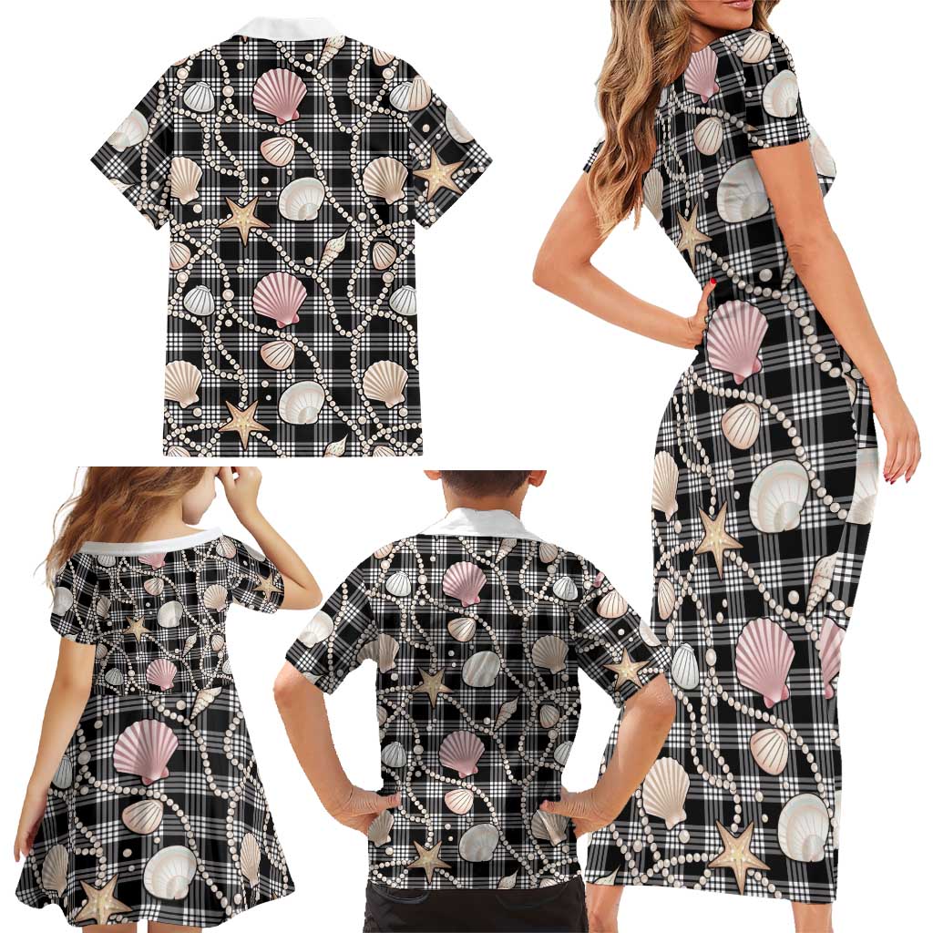 Hawaiian Ocean Seashells Family Matching Short Sleeve Bodycon Dress and Hawaiian Shirt Black Palaka Pattern LT01 - Polynesian Pride
