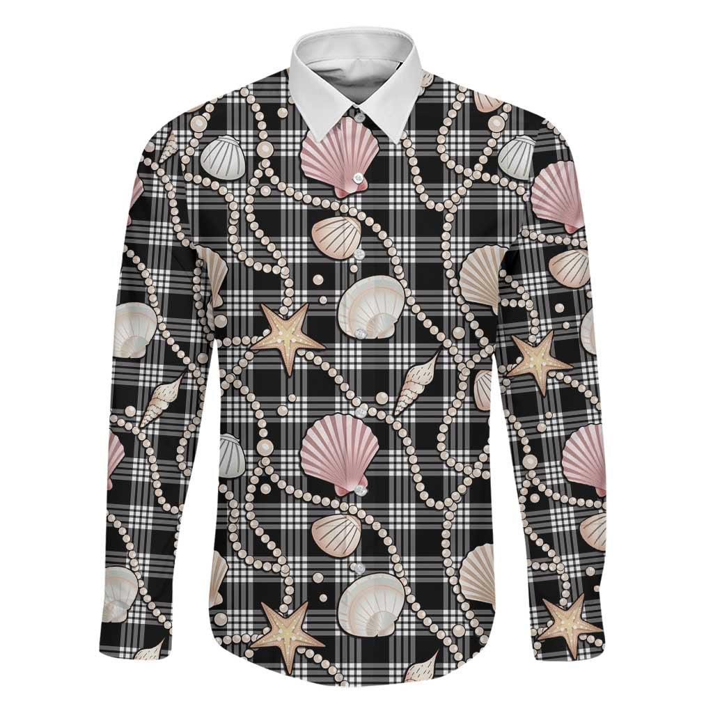 Hawaiian Ocean Seashells Family Matching Short Sleeve Bodycon Dress and Hawaiian Shirt Black Palaka Pattern LT01 Dad's Shirt - Long Sleeve Black - Polynesian Pride