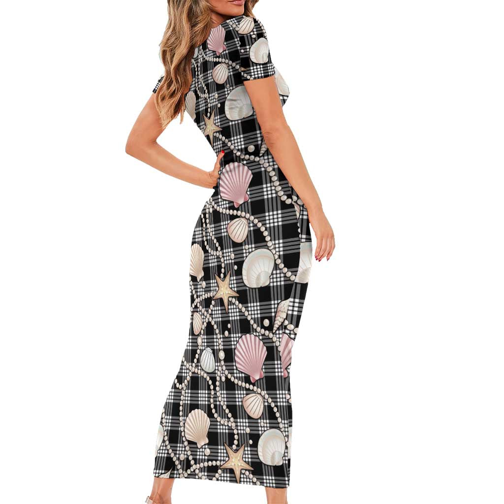 Hawaiian Ocean Seashells Family Matching Short Sleeve Bodycon Dress and Hawaiian Shirt Black Palaka Pattern LT01 - Polynesian Pride
