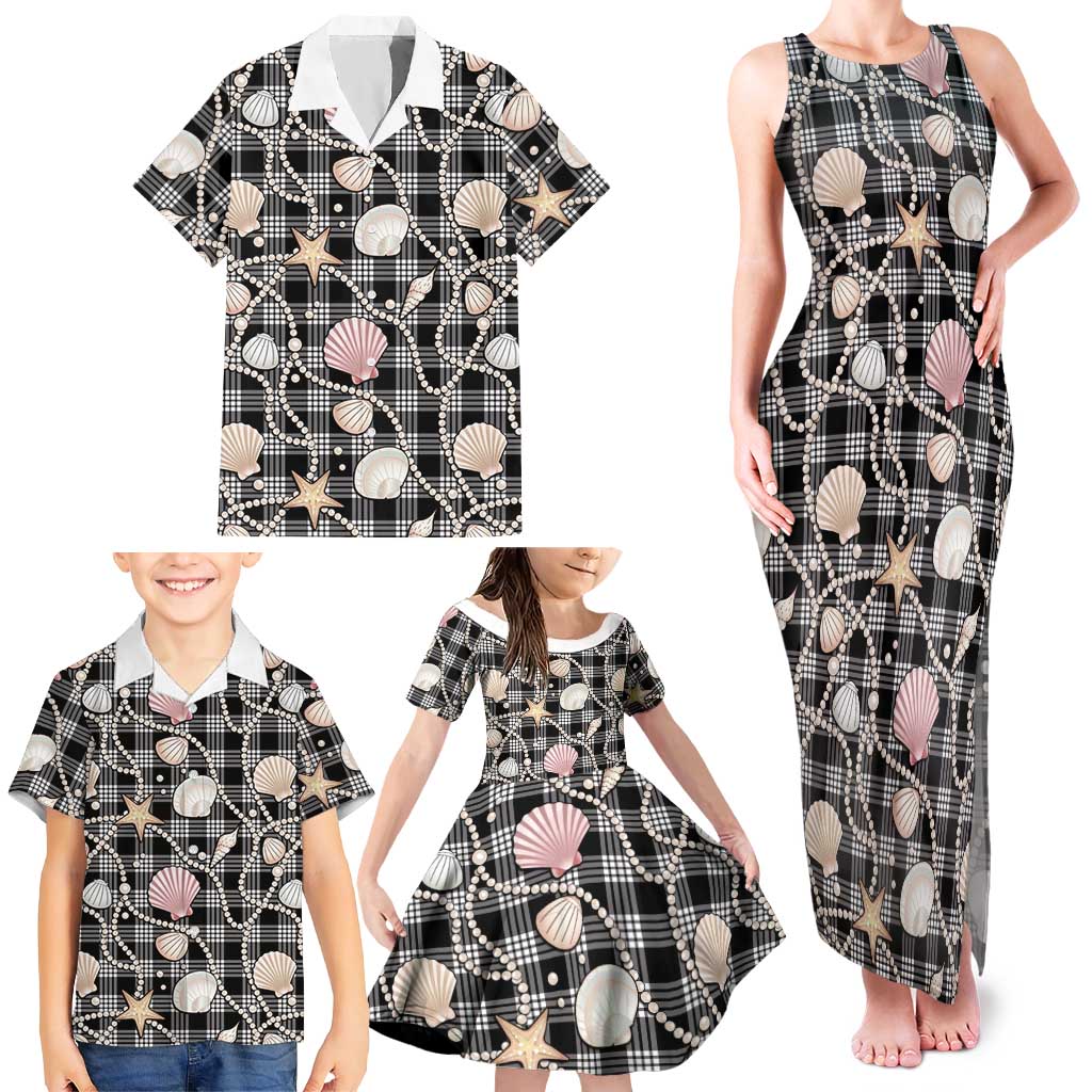Hawaiian Ocean Seashells Family Matching Tank Maxi Dress and Hawaiian Shirt Black Palaka Pattern