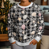 Hawaiian Ocean Seashells Kid Ugly Christmas Sweater Black Palaka Pattern LT01 - Polynesian Pride