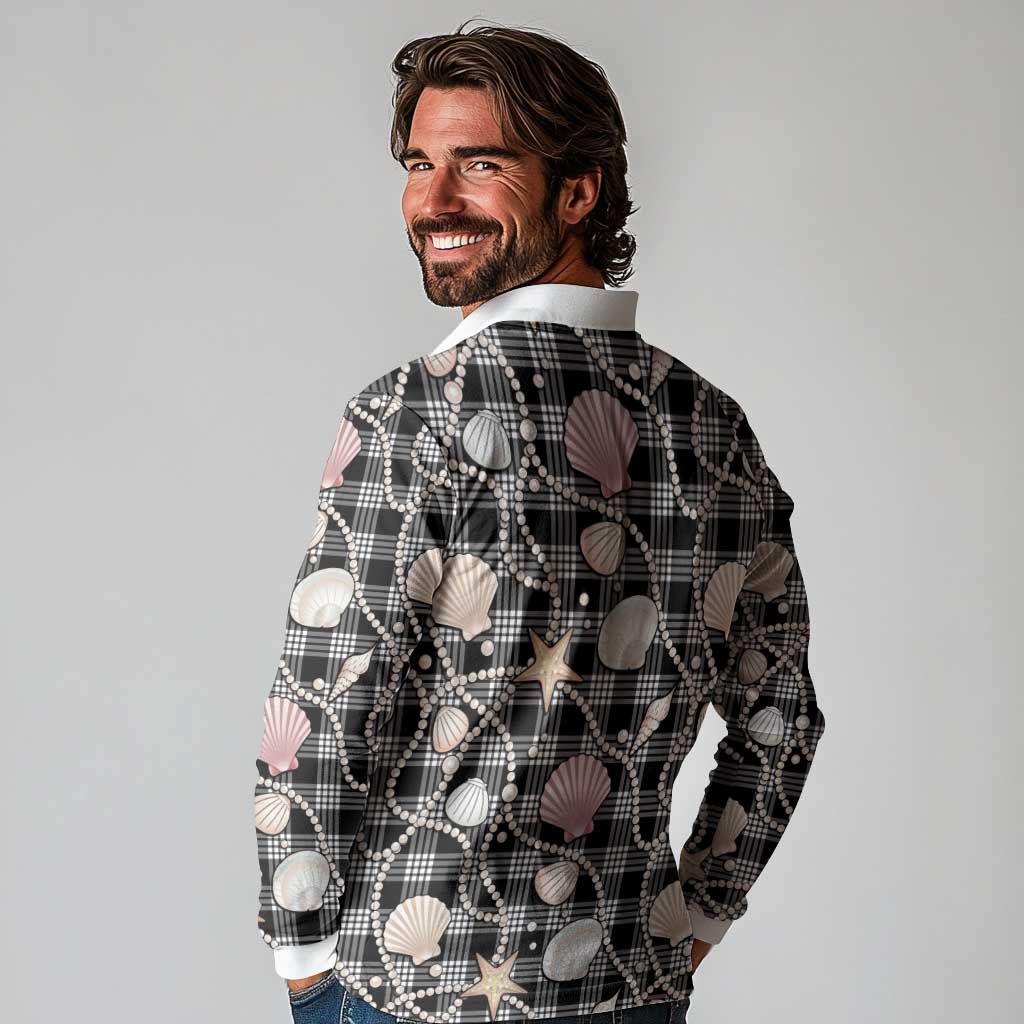 Hawaiian Ocean Seashells Long Sleeve Polo Shirt Black Palaka Pattern