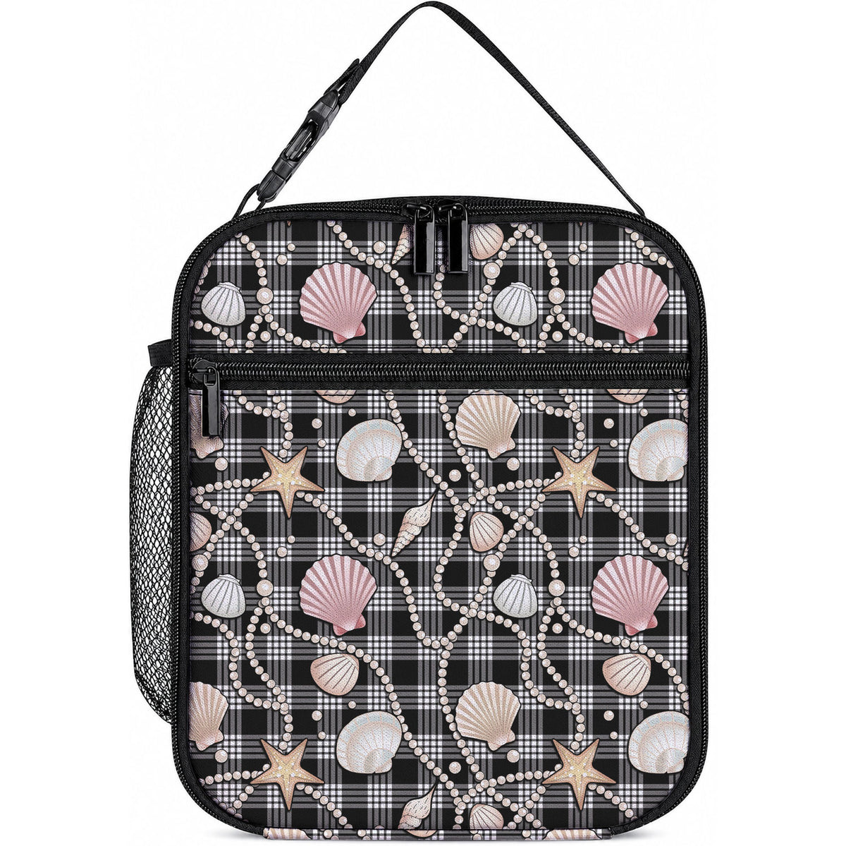 Hawaiian Ocean Seashells Lunch Bag Black Palaka Pattern