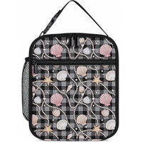 Hawaiian Ocean Seashells Lunch Bag Black Palaka Pattern