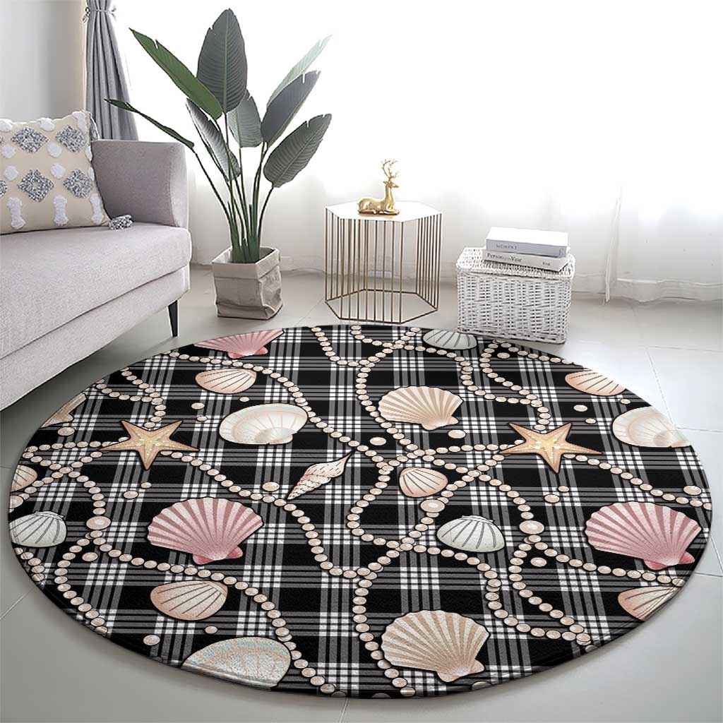 Hawaiian Ocean Seashells Round Carpet Black Palaka Pattern