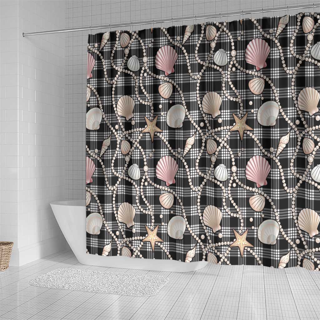 Hawaiian Ocean Seashells Shower Curtain Black Palaka Pattern