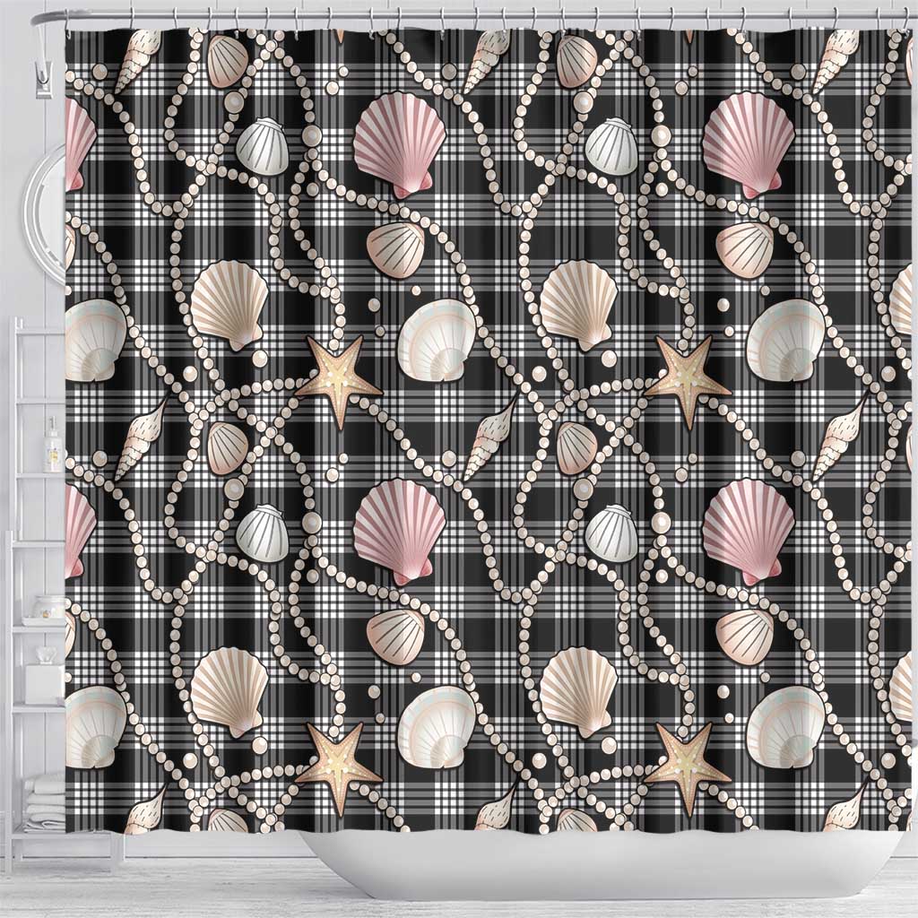Hawaiian Ocean Seashells Shower Curtain Black Palaka Pattern