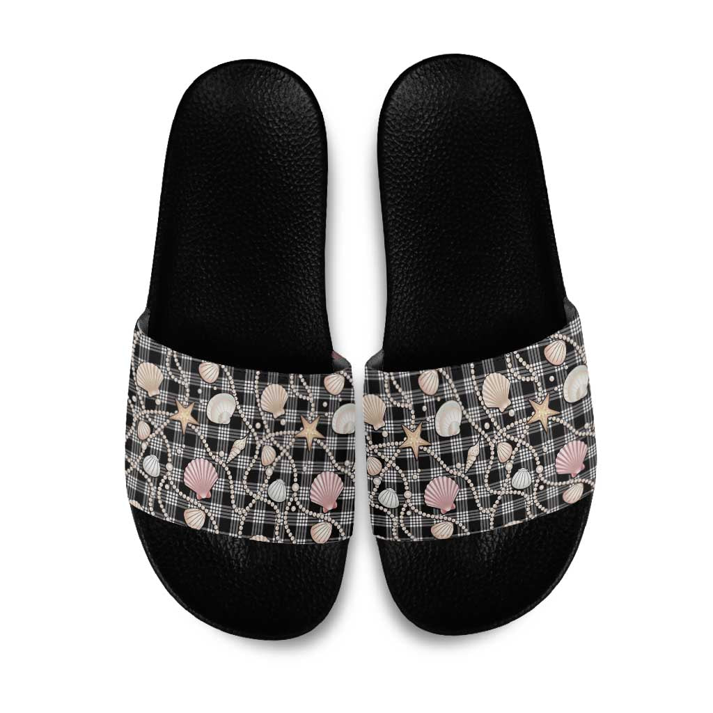 Hawaiian Ocean Seashells Slide Sandals Black Palaka Pattern