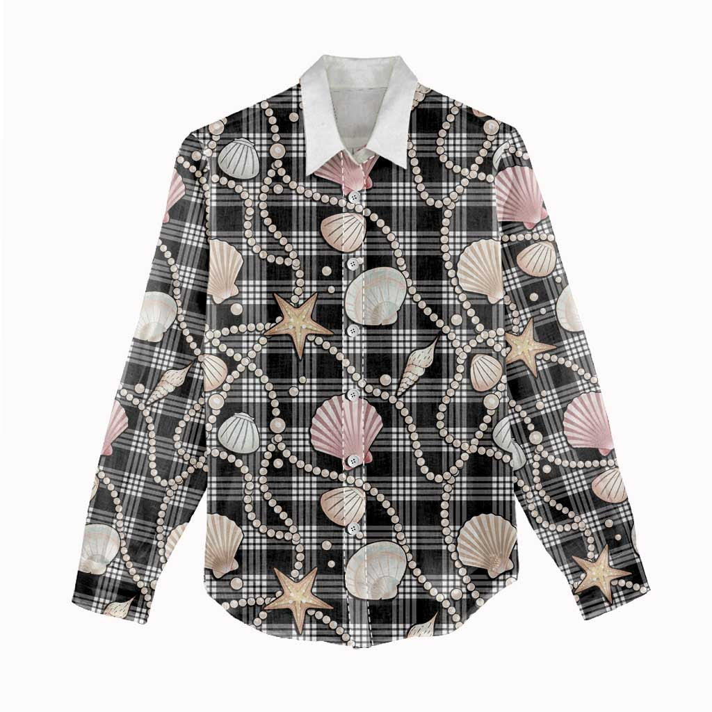 Hawaiian Ocean Seashells Women Casual Shirt Black Palaka Pattern