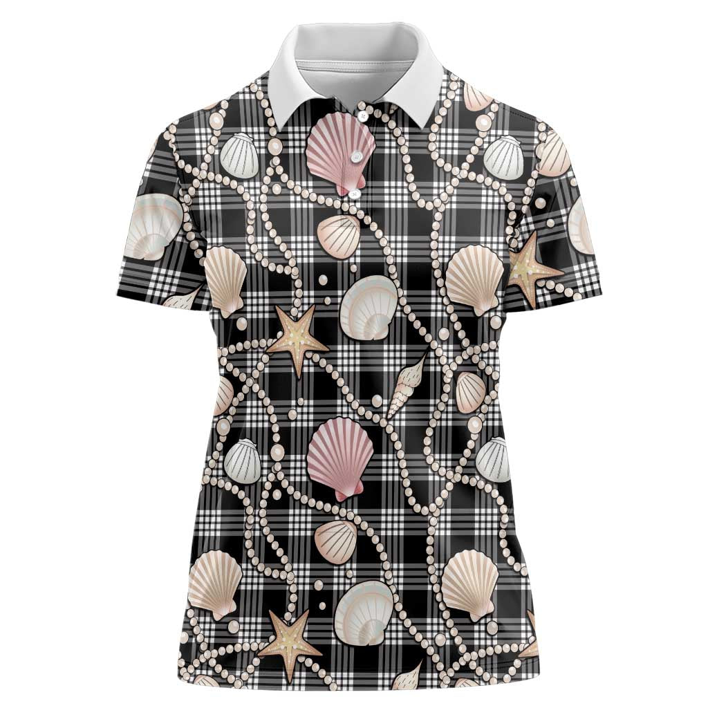 Hawaiian Ocean Seashells Women Polo Shirt Black Palaka Pattern