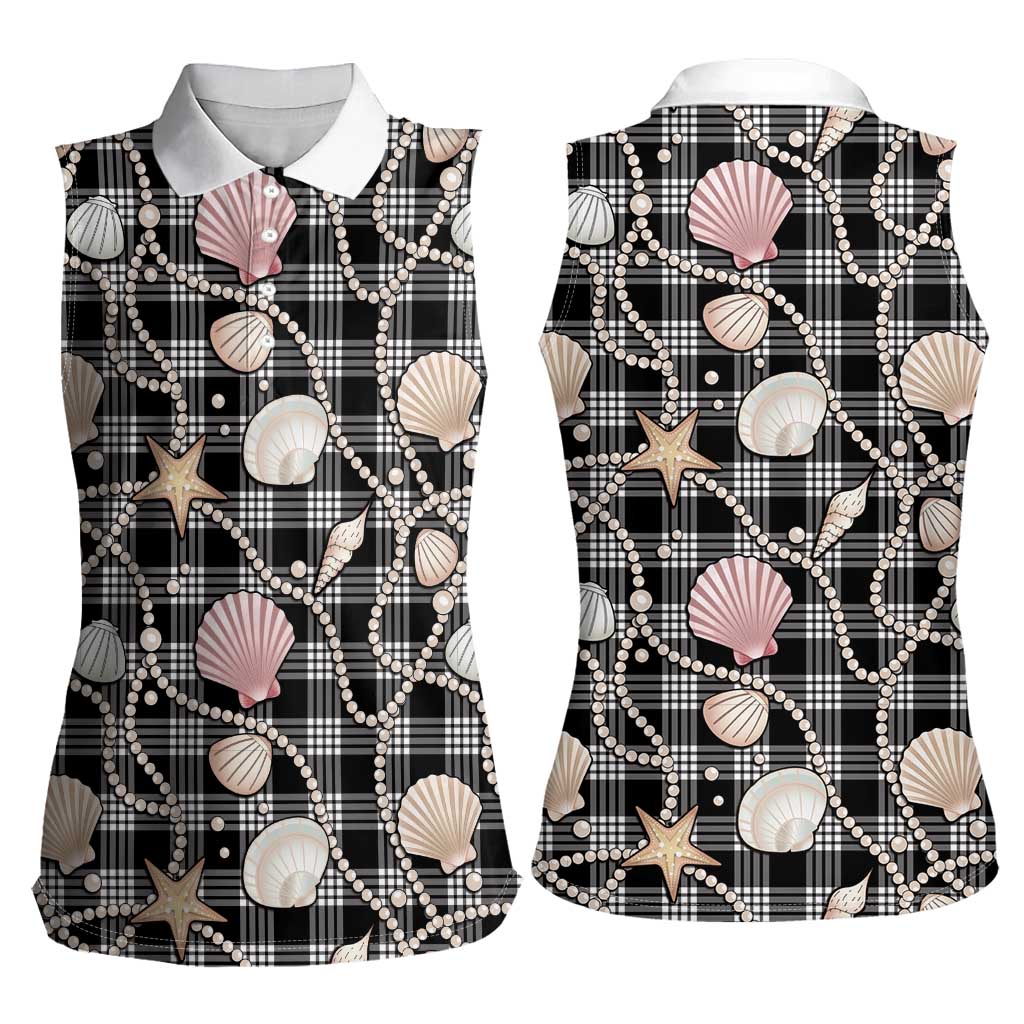 Hawaiian Ocean Seashells Women Sleeveless Polo Shirt Black Palaka Pattern