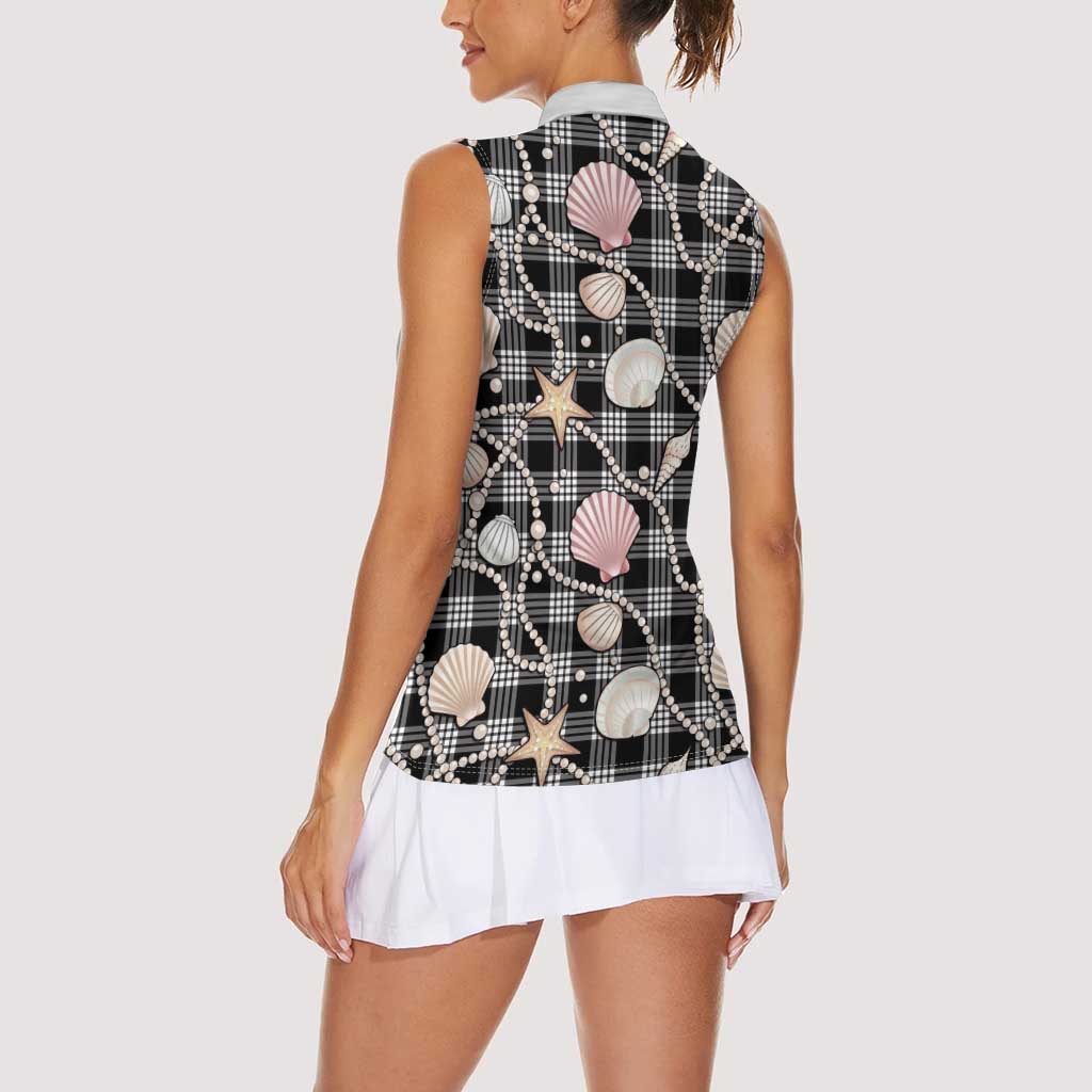 Hawaiian Ocean Seashells Women Sleeveless Polo Shirt Black Palaka Pattern
