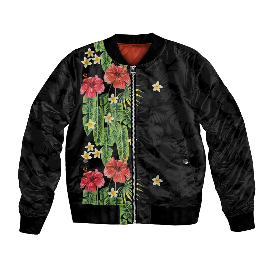 Hawaiian Hibiscus Plumeria Bomber Jacket Tropical Leaves
