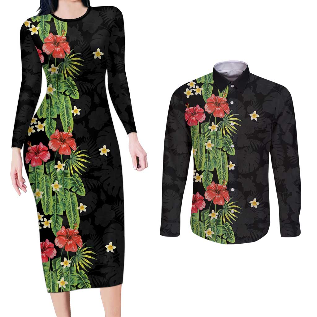 Hawaiian Hibiscus Plumeria Couples Matching Long Sleeve Bodycon Dress and Long Sleeve Button Shirt Tropical Leaves LT01 Black - Polynesian Pride