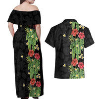 Hawaiian Hibiscus Plumeria Couples Matching Off Shoulder Maxi Dress and Hawaiian Shirt Tropical Leaves LT01 - Polynesian Pride