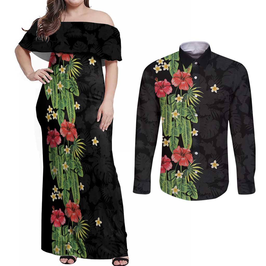 Hawaiian Hibiscus Plumeria Couples Matching Off Shoulder Maxi Dress and Long Sleeve Button Shirt Tropical Leaves LT01 Black - Polynesian Pride