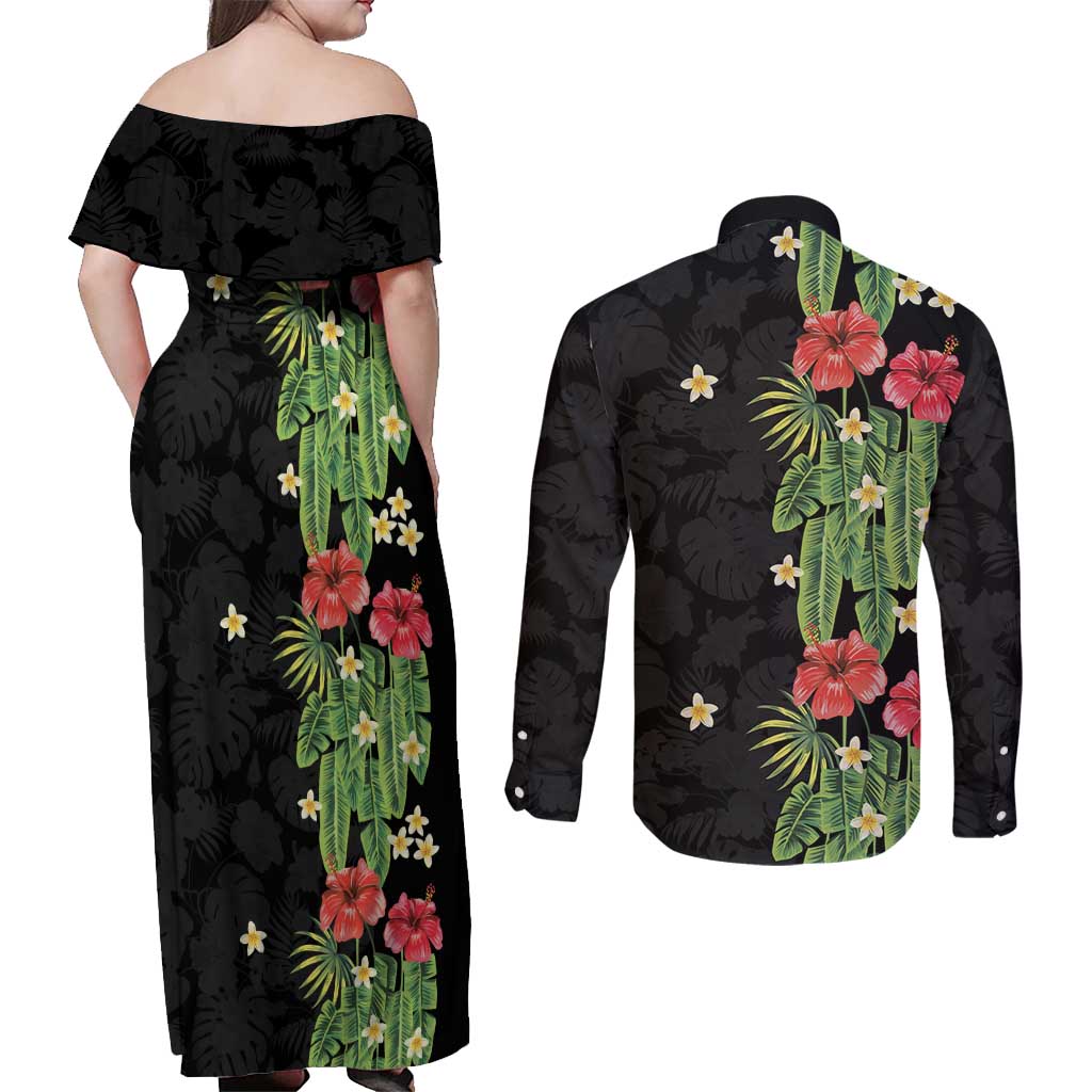 Hawaiian Hibiscus Plumeria Couples Matching Off Shoulder Maxi Dress and Long Sleeve Button Shirt Tropical Leaves LT01 - Polynesian Pride